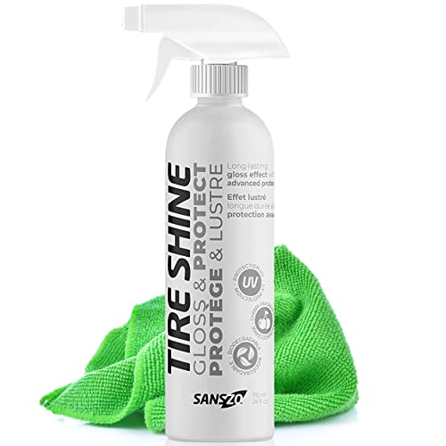 SansZo Tire Shine - One-Step Automotive Clear Coat Tire Dressing Spray for Glossy Wet Tire Look - Non-Greasy Auto Detailing for Rubber, Vinyl & Plastic, with UV Protector, with Microfiber Cloth, 24oz