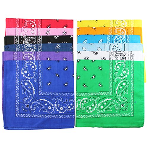 Paper Impressions 12 Piece Bandana Assorted Vibrant Colors and Paisley Patterns-100 pct Cotton