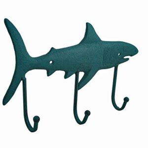 Zeckos Teal Blue Cast Iron Shark Shaped Decorative Wall Hook Rack Ocean Nautical Decor 12.5 Inches Long