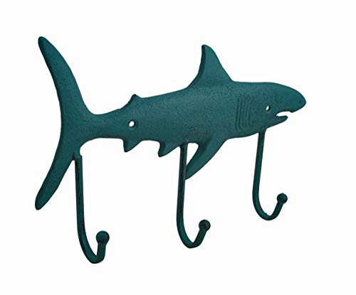 Zeckos Teal Blue Cast Iron Shark Shaped Decorative Wall Hook Rack Ocean Nautical Decor 12.5 Inches Long