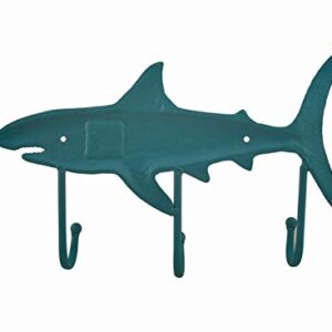 Zeckos Teal Blue Cast Iron Shark Shaped Decorative Wall Hook Rack Ocean Nautical Decor 12.5 Inches Long