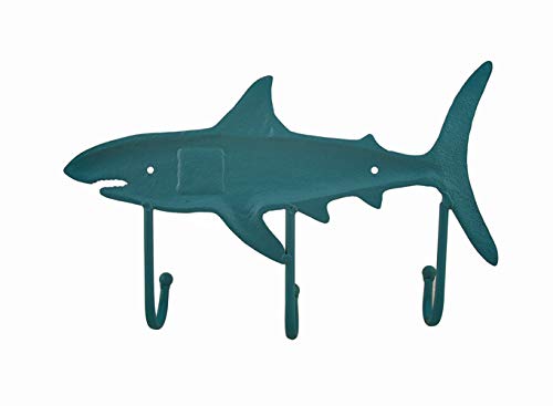 Zeckos Teal Blue Cast Iron Shark Shaped Decorative Wall Hook Rack Ocean Nautical Decor 12.5 Inches Long