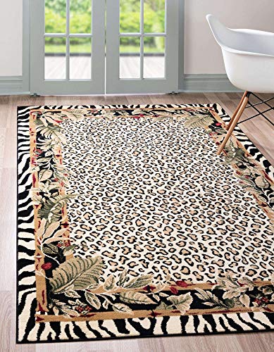 Unique Loom Wildlife Collection Animal Inspired with Cheetah Bordered Design Area Rug, 5 ft x 8 ft, Ivory/Black