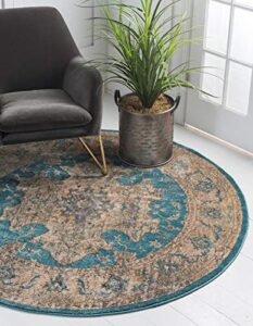 unique loom aurora collection over-dyed, abstract, botanical southwestern, transitional area rug, 8 ft x 8 ft, teal/beige