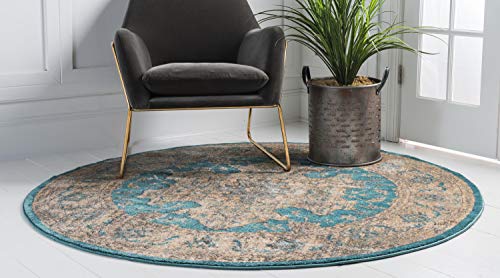 Unique Loom Aurora Collection Over-Dyed, Abstract, Botanical Southwestern, Transitional Area Rug, 8 ft x 8 ft, Teal/Beige