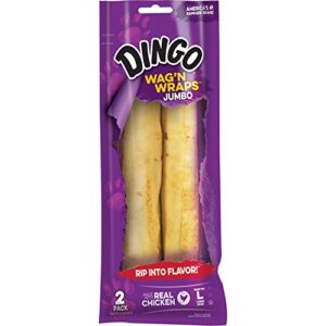 dingo wag’n wraps jumbo 2 count, made with real chicken, rawhide snack for large dogs