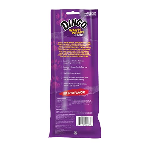 Dingo Wag’n Wraps Jumbo 2 Count, Made With Real Chicken, Rawhide Snack For Large Dogs