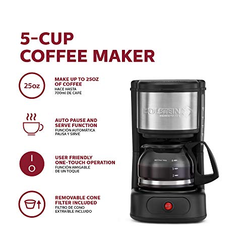 Holstein Housewares 5 Cup Coffee Maker, Black with Stainless Steel - User Friendly One-Touch Operation