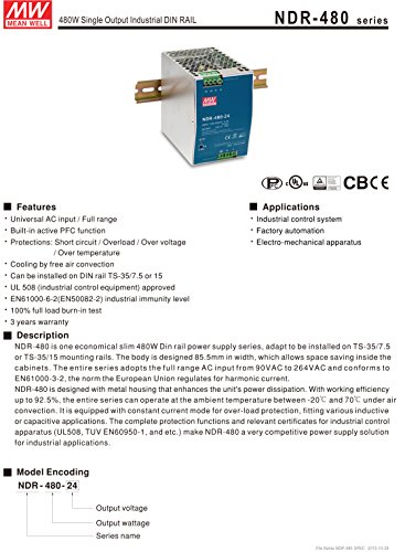 MEAN WELL Industrial DIN Rail Power Supply with PFC, 48 Volt 10 Amp 480 Watt - NDR-480-48