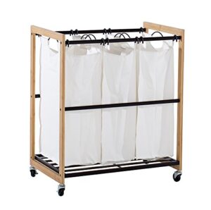 trinity 3-bag bamboo laundry cart, laundry-room organization and dirty clothes hamper with wheels for bedroom, closet, dorm room and more, bronze poles