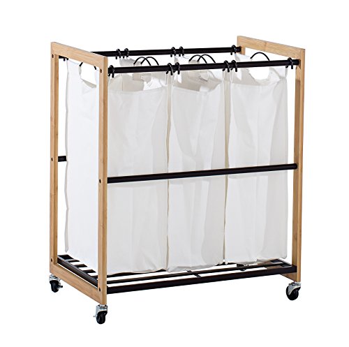 TRINITY 3-Bag Bamboo Laundry Cart, Laundry-Room Organization and Dirty Clothes Hamper with Wheels for Bedroom, Closet, Dorm Room and More, Bronze Poles