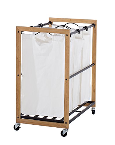 TRINITY 3-Bag Bamboo Laundry Cart, Laundry-Room Organization and Dirty Clothes Hamper with Wheels for Bedroom, Closet, Dorm Room and More, Bronze Poles