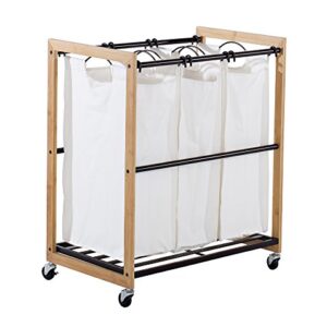 TRINITY 3-Bag Bamboo Laundry Cart, Laundry-Room Organization and Dirty Clothes Hamper with Wheels for Bedroom, Closet, Dorm Room and More, Bronze Poles