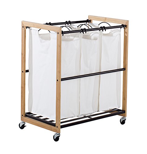 TRINITY 3-Bag Bamboo Laundry Cart, Laundry-Room Organization and Dirty Clothes Hamper with Wheels for Bedroom, Closet, Dorm Room and More, Bronze Poles