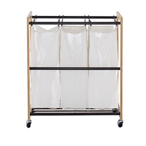 TRINITY 3-Bag Bamboo Laundry Cart, Laundry-Room Organization and Dirty Clothes Hamper with Wheels for Bedroom, Closet, Dorm Room and More, Bronze Poles