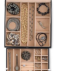 Glenor Co 28 Section Jewelry Box - 2 Layer - Buckle Snap & Magnet Closure - Large Mirror - Leather Design - Black - Jewelry Organizer for Women & Girls - Holder for Earring Ring Necklace & Bracelet