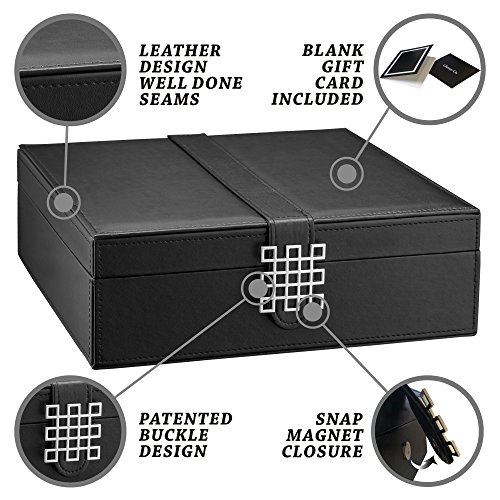 Glenor Co 28 Section Jewelry Box - 2 Layer - Buckle Snap & Magnet Closure - Large Mirror - Leather Design - Black - Jewelry Organizer for Women & Girls - Holder for Earring Ring Necklace & Bracelet