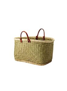 serene spaces living small handmade straw tote paired with leather handles, raffia lined handbag, straw beach bag, summer tote for everyday use, grocery shopping, 19.5" long, 8.5" wide & 10.5" tall