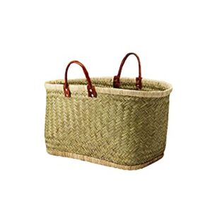 Serene Spaces Living Small Handmade Straw Tote Paired with Leather Handles, Raffia Lined Handbag, Straw Beach Bag, Summer Tote for Everyday Use, Grocery Shopping, 19.5" Long, 8.5" Wide & 10.5" Tall