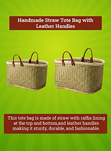 Serene Spaces Living Small Handmade Straw Tote Paired with Leather Handles, Raffia Lined Handbag, Straw Beach Bag, Summer Tote for Everyday Use, Grocery Shopping, 19.5" Long, 8.5" Wide & 10.5" Tall