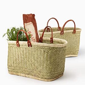 Serene Spaces Living Small Handmade Straw Tote Paired with Leather Handles, Raffia Lined Handbag, Straw Beach Bag, Summer Tote for Everyday Use, Grocery Shopping, 19.5" Long, 8.5" Wide & 10.5" Tall