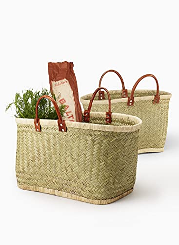 Serene Spaces Living Small Handmade Straw Tote Paired with Leather Handles, Raffia Lined Handbag, Straw Beach Bag, Summer Tote for Everyday Use, Grocery Shopping, 19.5" Long, 8.5" Wide & 10.5" Tall