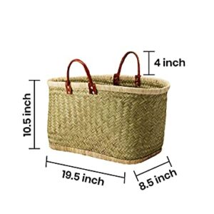 Serene Spaces Living Small Handmade Straw Tote Paired with Leather Handles, Raffia Lined Handbag, Straw Beach Bag, Summer Tote for Everyday Use, Grocery Shopping, 19.5" Long, 8.5" Wide & 10.5" Tall