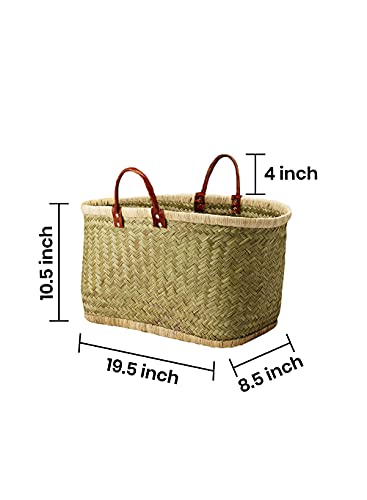 Serene Spaces Living Small Handmade Straw Tote Paired with Leather Handles, Raffia Lined Handbag, Straw Beach Bag, Summer Tote for Everyday Use, Grocery Shopping, 19.5" Long, 8.5" Wide & 10.5" Tall