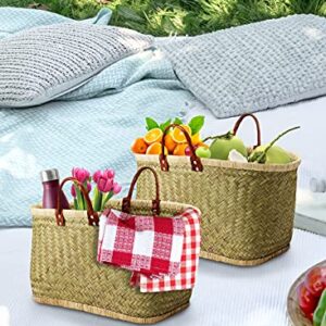 Serene Spaces Living Small Handmade Straw Tote Paired with Leather Handles, Raffia Lined Handbag, Straw Beach Bag, Summer Tote for Everyday Use, Grocery Shopping, 19.5" Long, 8.5" Wide & 10.5" Tall