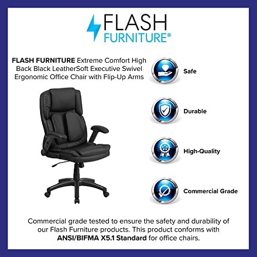 Flash Furniture Hansel Extreme Comfort High Back Black LeatherSoft Executive Swivel Ergonomic Office Chair with Flip-Up Arms