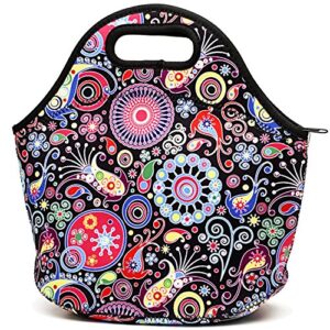 neoprene insulated lunch bag for women cooler lunch box for adult waterproof lunch tote bag - black flower