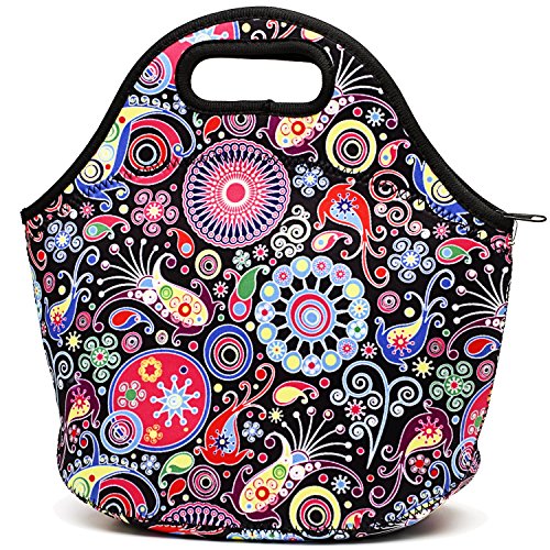 Neoprene Insulated Lunch Bag For Women Cooler Lunch Box For Adult Waterproof Lunch Tote Bag - Black Flower