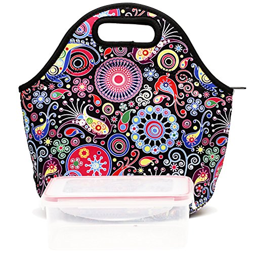 Neoprene Insulated Lunch Bag For Women Cooler Lunch Box For Adult Waterproof Lunch Tote Bag - Black Flower