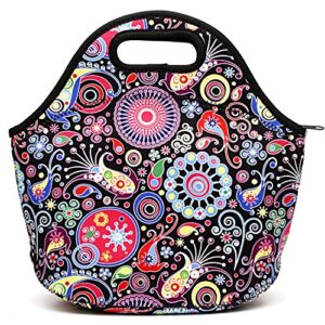 Neoprene Insulated Lunch Bag For Women Cooler Lunch Box For Adult Waterproof Lunch Tote Bag - Black Flower