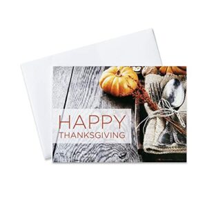 ceo cards - thanksgiving greeting cards (harvest table place setting), 5x7 inches, 25 cards & 26 white with silver foil lined envelopes (th1510)