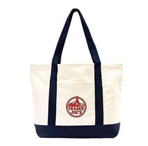 large trader joe's shopping bag tote beach bag book bag cotton canvas embroided