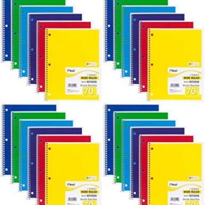 Mead Spiral Notebook, Wide Ruled, 1 Subject, 70 Sheets, 8 x 10.5 Inches, Assorted Colors (05510) Pack of 24