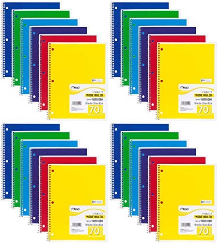 Mead Spiral Notebook, Wide Ruled, 1 Subject, 70 Sheets, 8 x 10.5 Inches, Assorted Colors (05510) Pack of 24