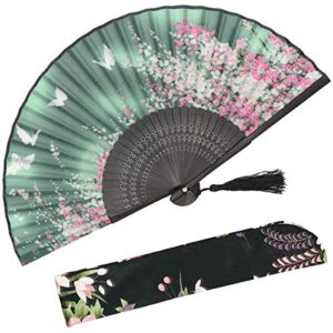 omytea® women hand held silk folding fan with bamboo frame - with a fabric sleeve for protection for gifts - sakura cherry blossom pattern (wzs-2)