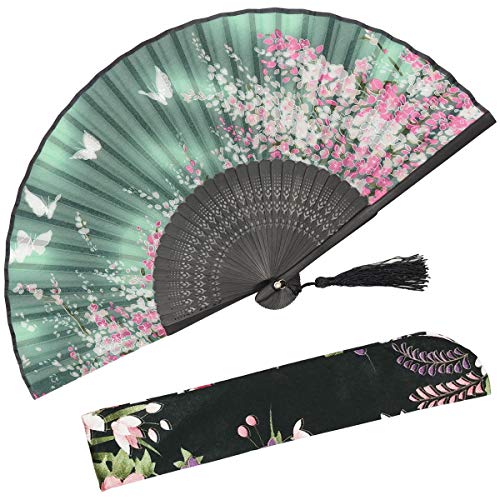 OMyTea® Women Hand Held Silk Folding Fan with Bamboo Frame - with a Fabric Sleeve for Protection for Gifts - Sakura Cherry Blossom Pattern (WZS-2)