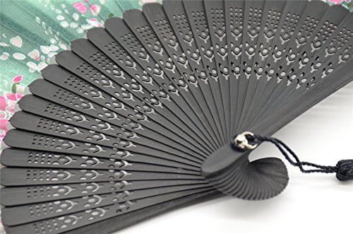 OMyTea® Women Hand Held Silk Folding Fan with Bamboo Frame - with a Fabric Sleeve for Protection for Gifts - Sakura Cherry Blossom Pattern (WZS-2)