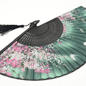 OMyTea® Women Hand Held Silk Folding Fan with Bamboo Frame - with a Fabric Sleeve for Protection for Gifts - Sakura Cherry Blossom Pattern (WZS-2)