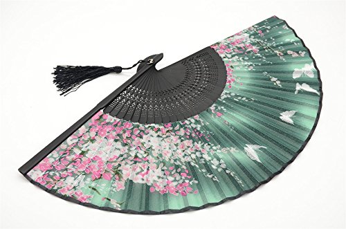 OMyTea® Women Hand Held Silk Folding Fan with Bamboo Frame - with a Fabric Sleeve for Protection for Gifts - Sakura Cherry Blossom Pattern (WZS-2)