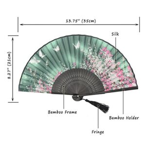 OMyTea® Women Hand Held Silk Folding Fan with Bamboo Frame - with a Fabric Sleeve for Protection for Gifts - Sakura Cherry Blossom Pattern (WZS-2)