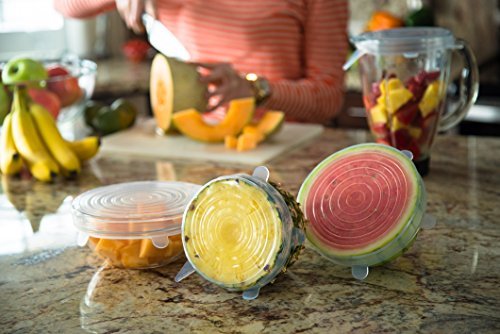 Modfamily Silicone Stretch Lids (7 pack, includes EXCLUSIVE XL SIZE), Reusable, Durable & Expandable to Fit Many Container Sizes & Shapes. Superior for Keeping Food Fresh, Dishwasher & Freezer Safe