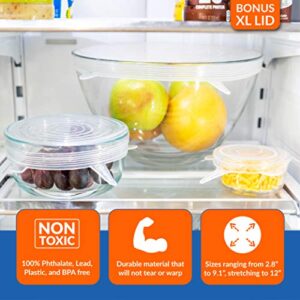 Modfamily Silicone Stretch Lids (7 pack, includes EXCLUSIVE XL SIZE), Reusable, Durable & Expandable to Fit Many Container Sizes & Shapes. Superior for Keeping Food Fresh, Dishwasher & Freezer Safe