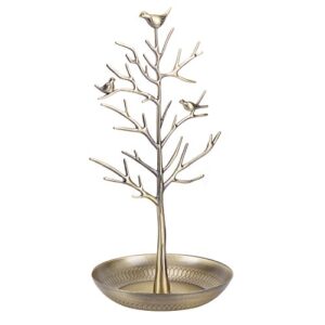 ChezMax Jewelry Display Necklace Earring Organizer Holder Metal Birds Tree Stand with Tray Antique Bracelet Rings Rack Tower Decoration for Women Girl Gold 11.8 Inch