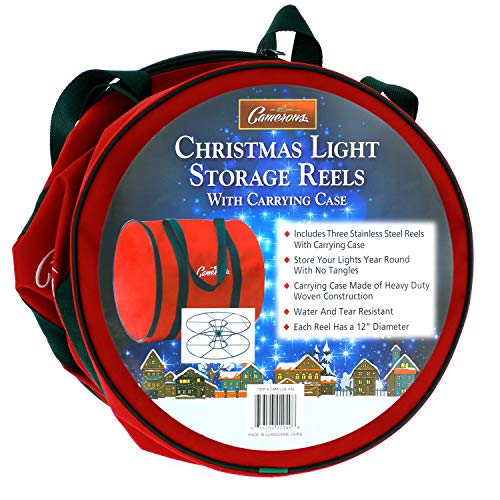 Christmas Light 12" Storage Reels Container (3pk)- Heavy Duty Metal Construction w X-Mas Zipper Carrying Bag Case for House Holiday Tree Lights, Wind up Extension Cords, Garland & Holiday Decoration