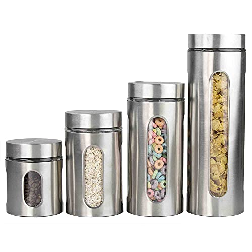 Kitchen Canisters By Home Basics | Retro-Styled For Kitchen Counter | Stainless Steel and Glass | With See-Through Windows (Silver), 4 Pieces, For Flour, Coffee, Sugar, and Dry Ingredients