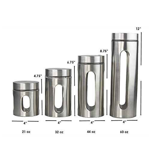 Kitchen Canisters By Home Basics | Retro-Styled For Kitchen Counter | Stainless Steel and Glass | With See-Through Windows (Silver), 4 Pieces, For Flour, Coffee, Sugar, and Dry Ingredients